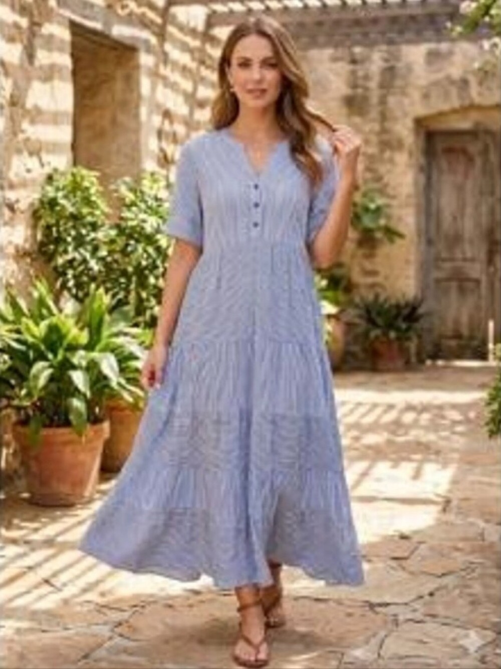 Cactus Pearl Womenโs Light Blue Striped V-Neck Maxi Dress Xl